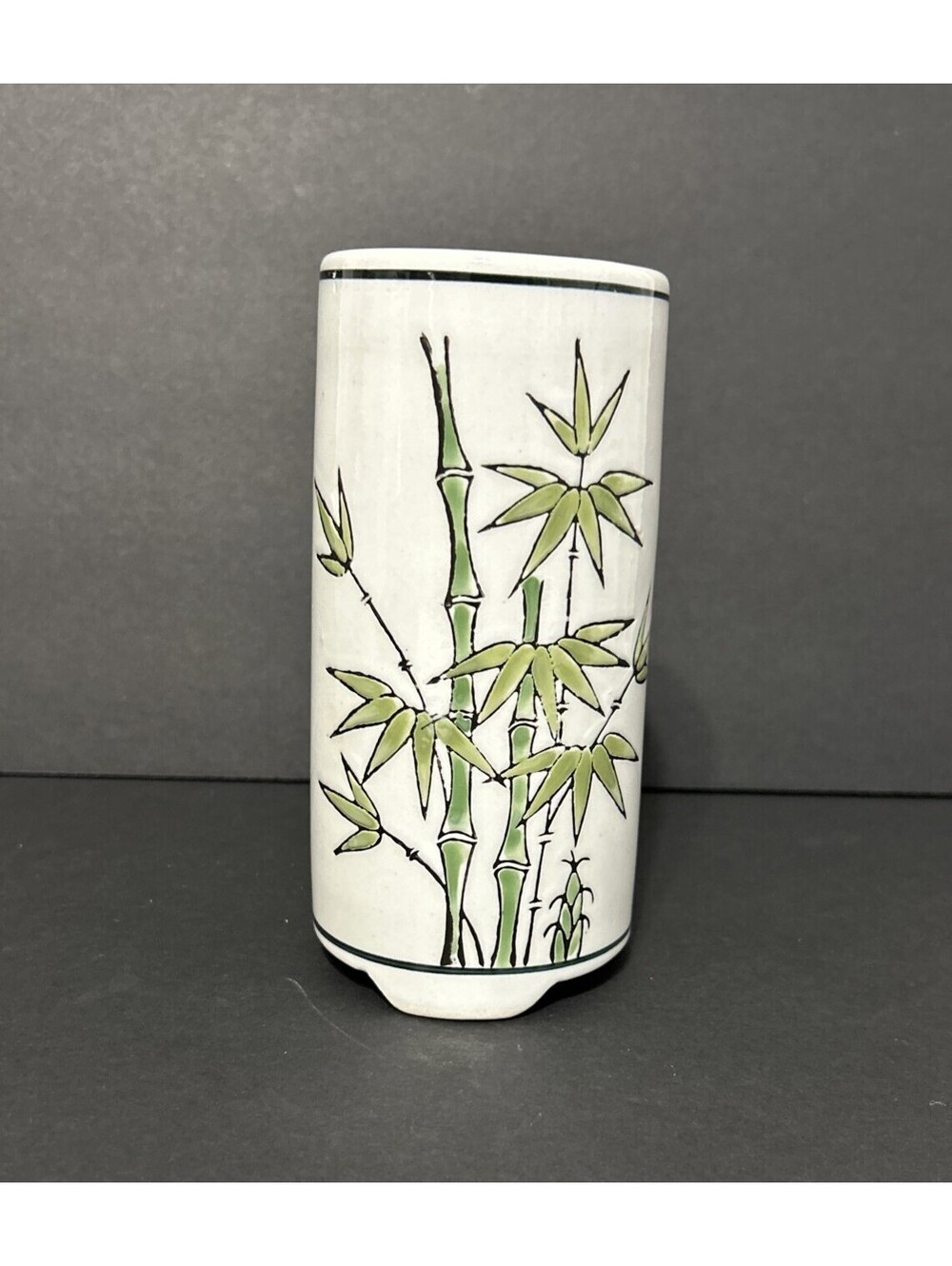 Small Porcelain Bud Vase Bamboo Motif White Green Black Carved Chinese Design